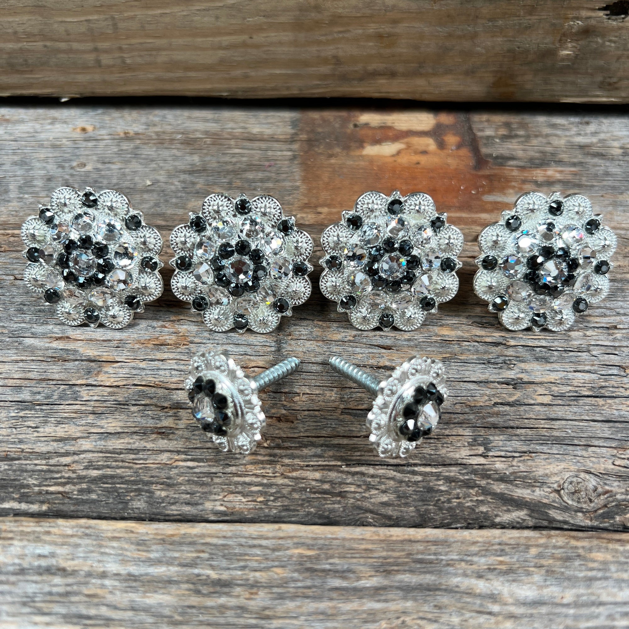 Bright Silver Black &amp; Clear Saddle Conchos