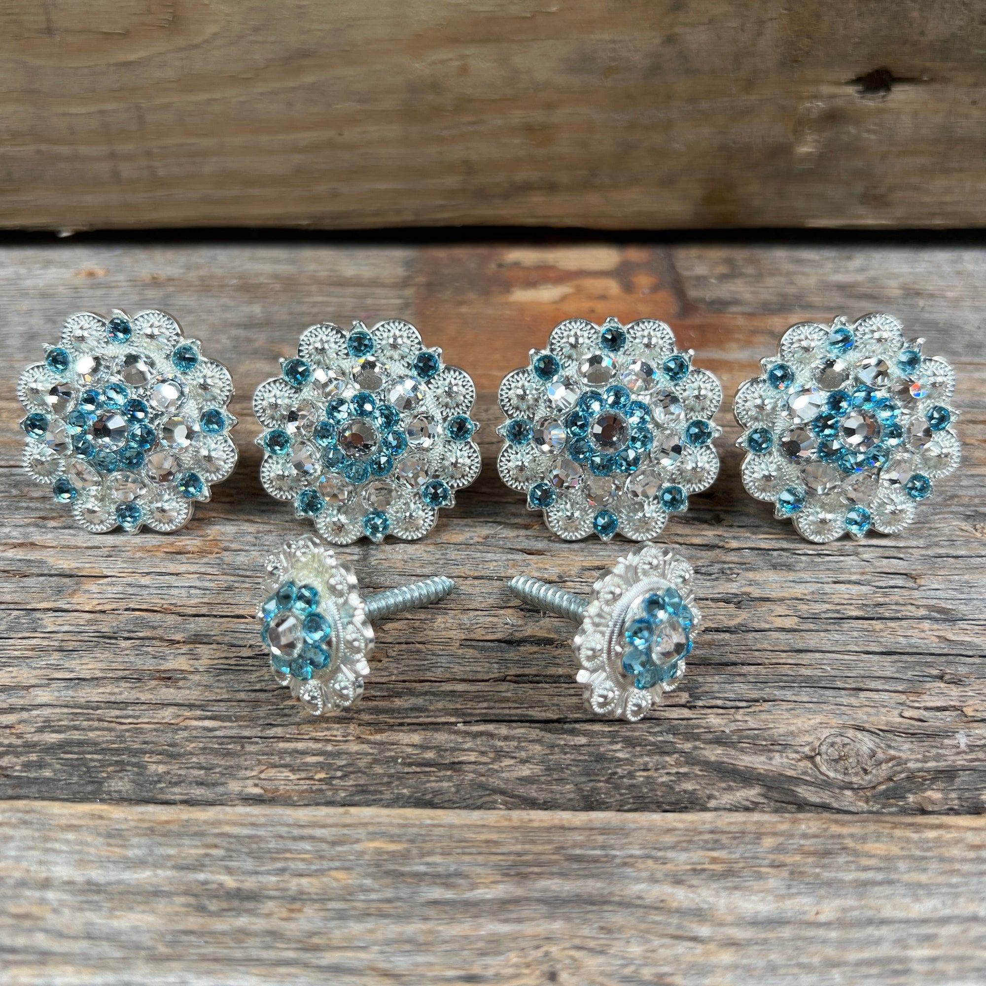 Bright Silver Aqua &amp; Clear Saddle Conchos