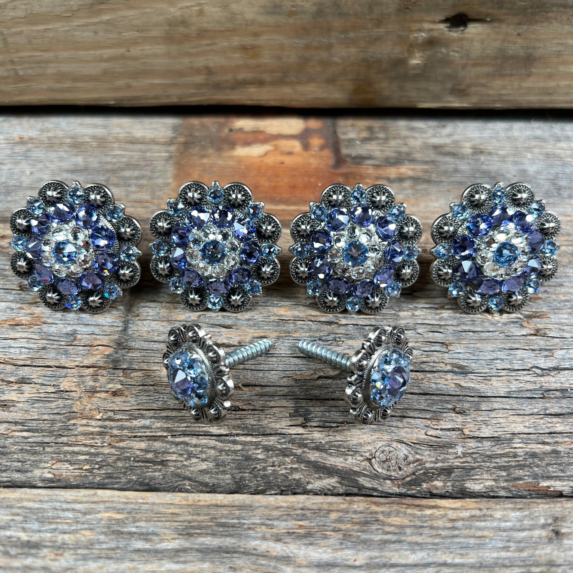 Antique Silver Light Sapphire Clear &amp; Lilac Saddle Conchos