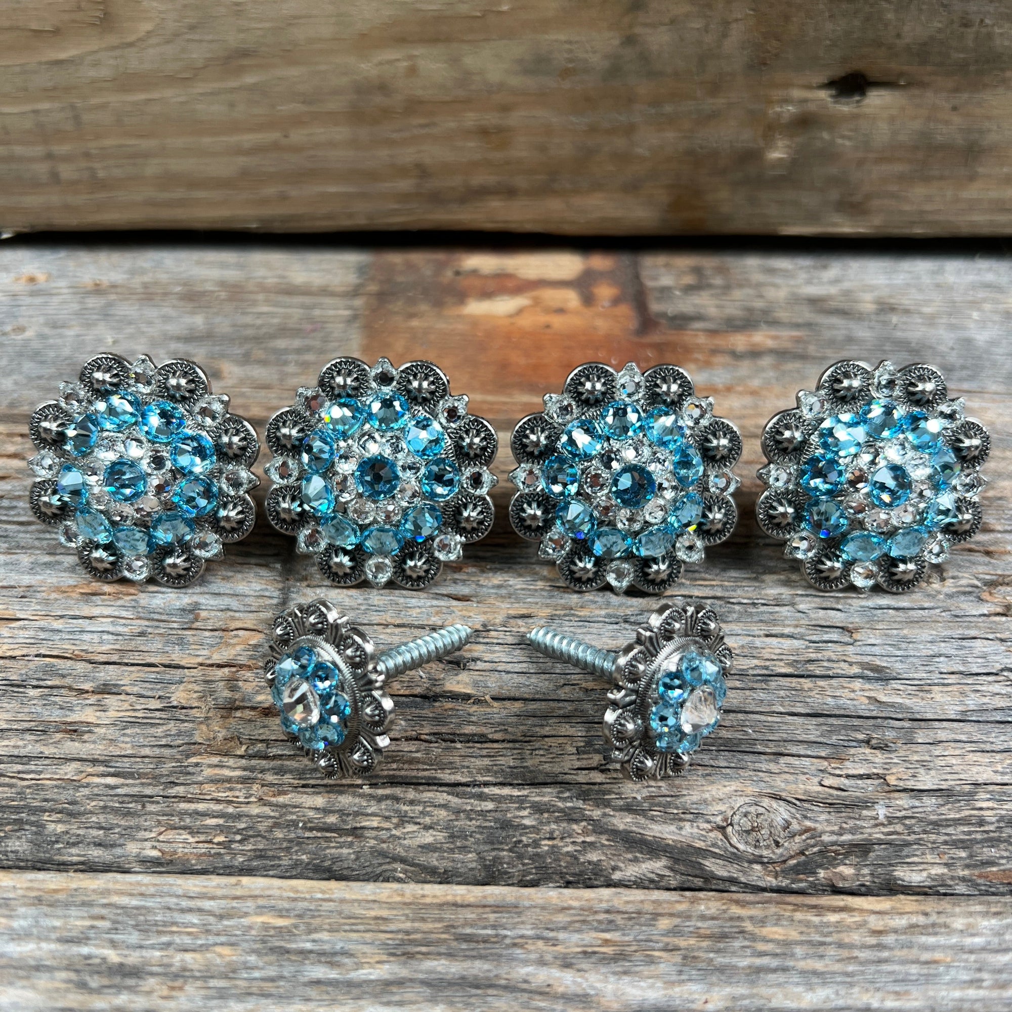 Antique Silver Aqua &amp; Clear Saddle Conchos
