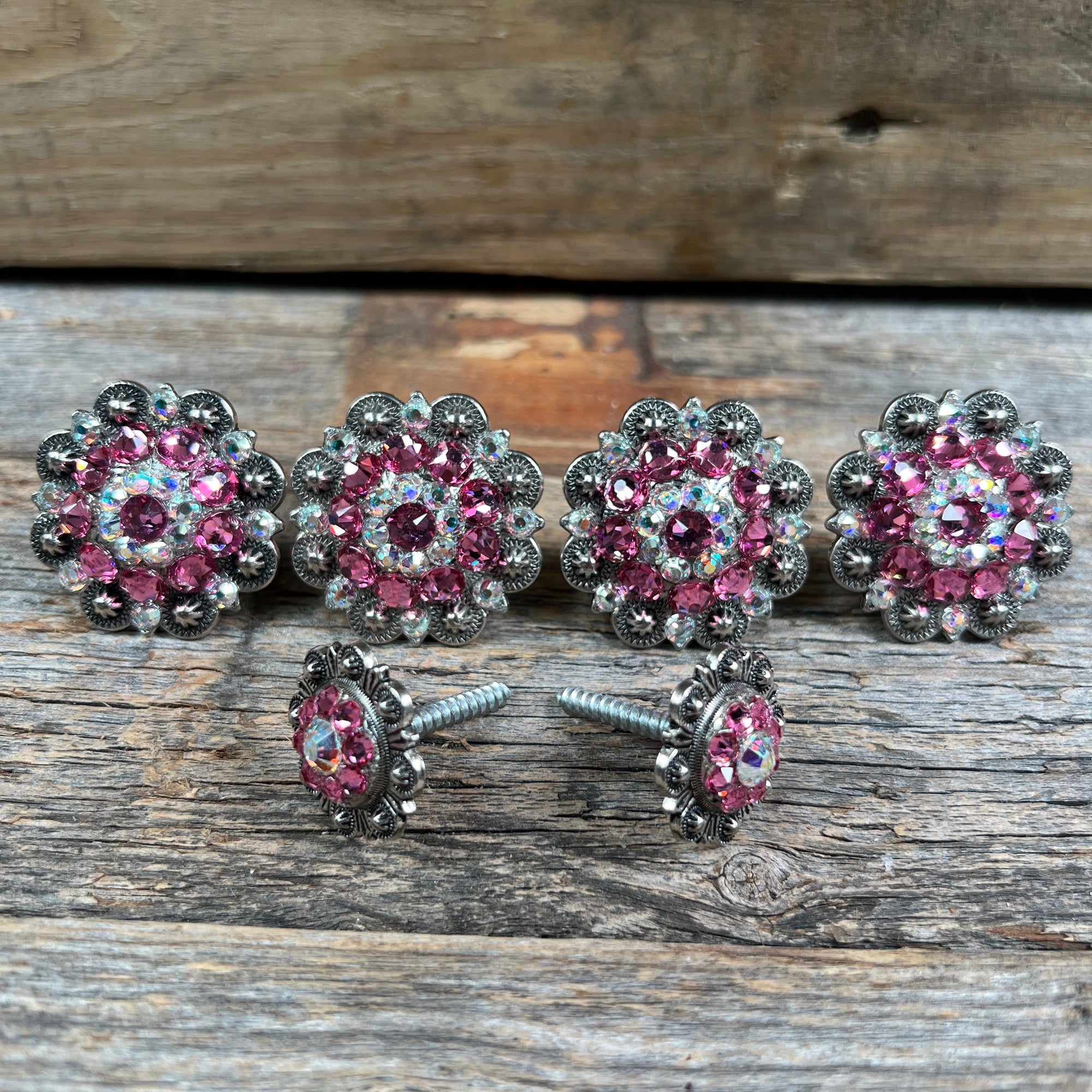 Antique Silver Pink &amp; AB Saddle Conchos