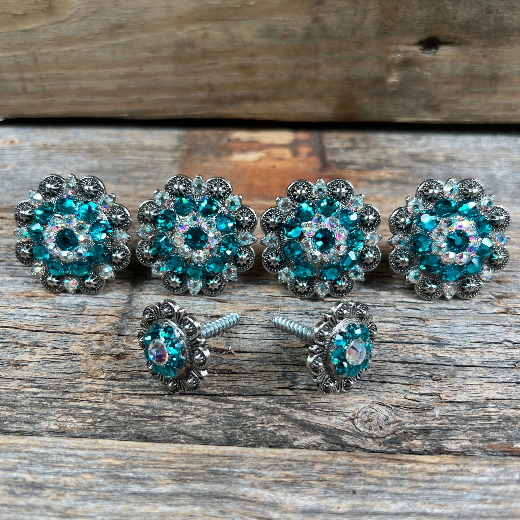 Antique Silver Teal &amp; AB Saddle Conchos