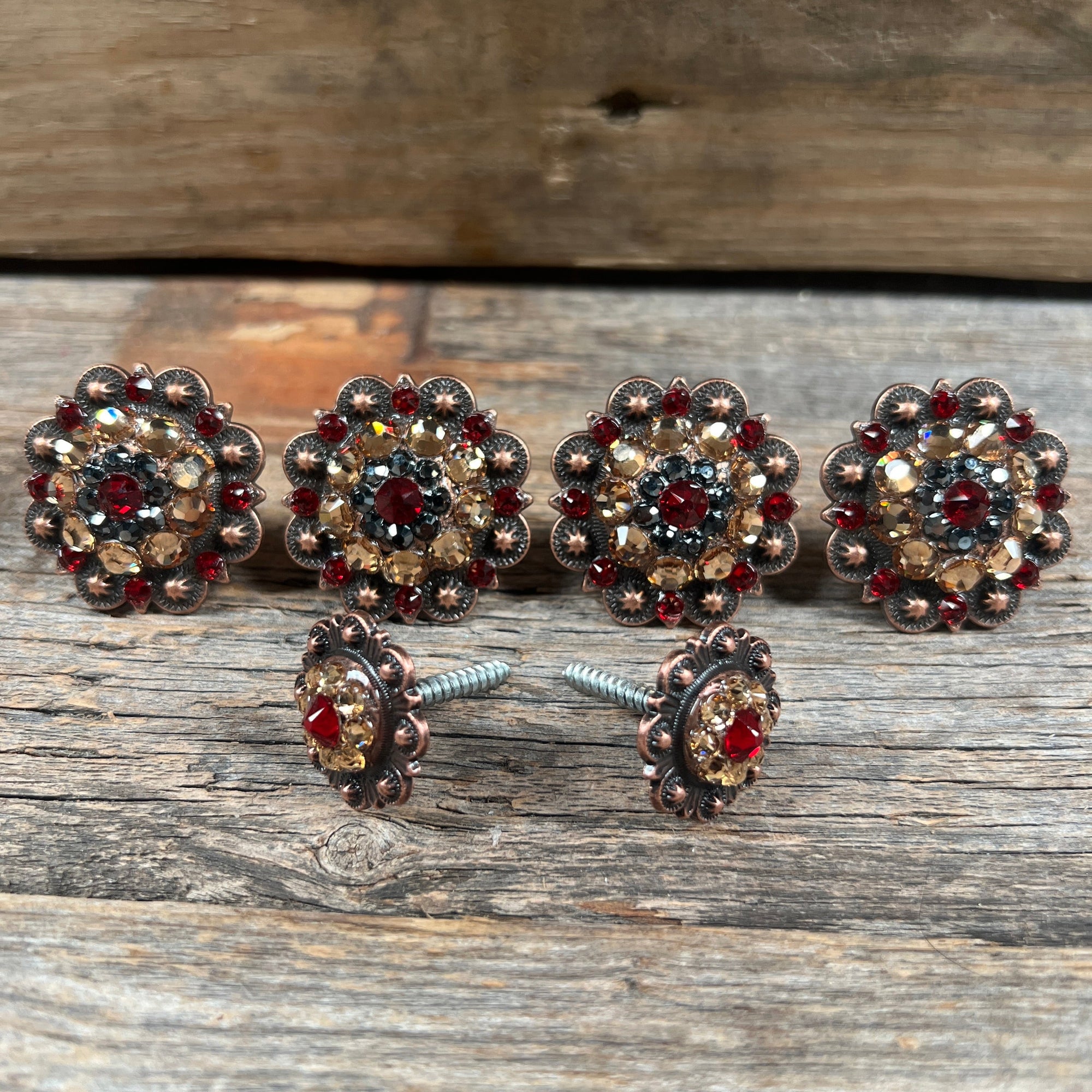 Copper Ruby Jet &amp; Champagne Saddle Conchos