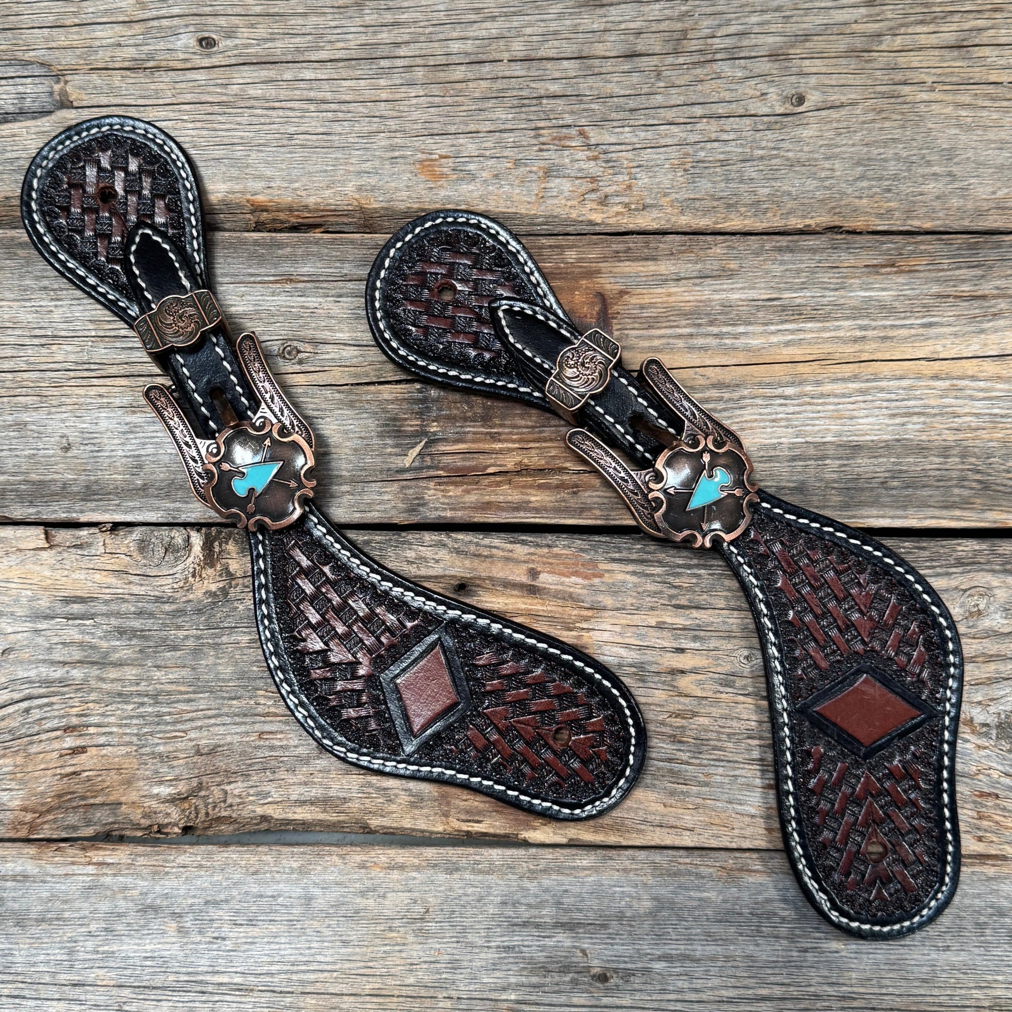 Dark Oil Diamond Spur Straps - Western Buckles 