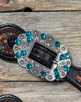 Teal Dot Diamond Antique Silver Teal, AB Spur Straps 