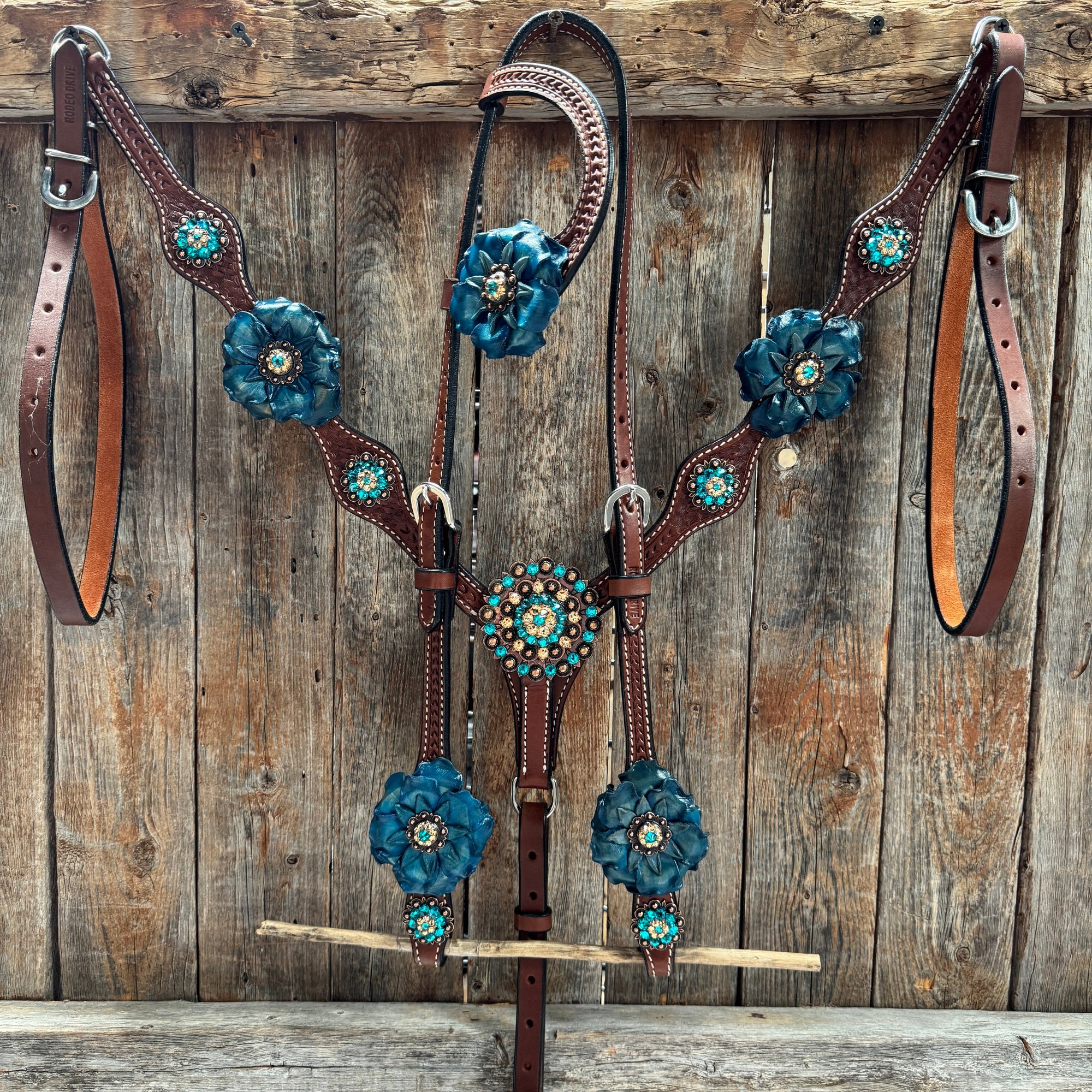 Medium Oil Basketweave Teal, Champagne Browband/One Ear Tack Set  