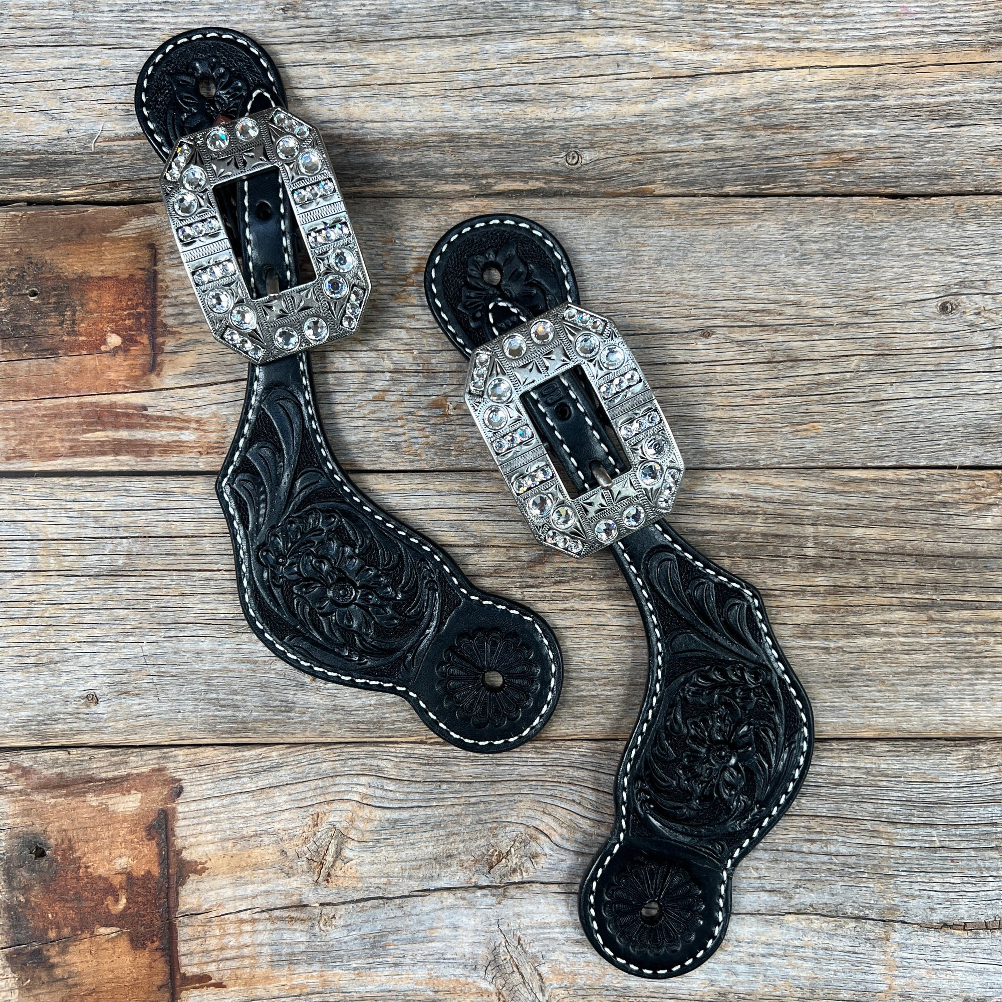 Black Floral Tooled Spur Straps - European Clear Buckles 