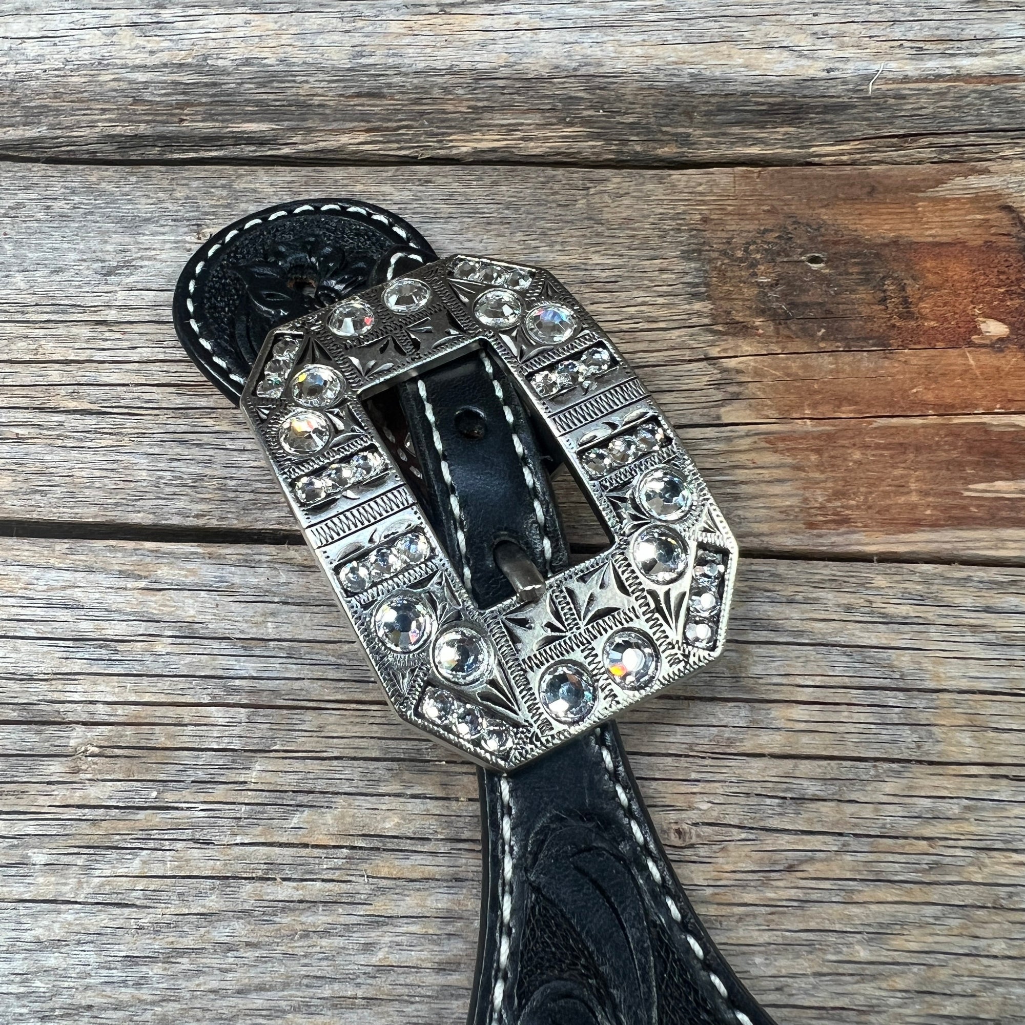Black Floral Tooled Spur Straps - European Clear Buckles 