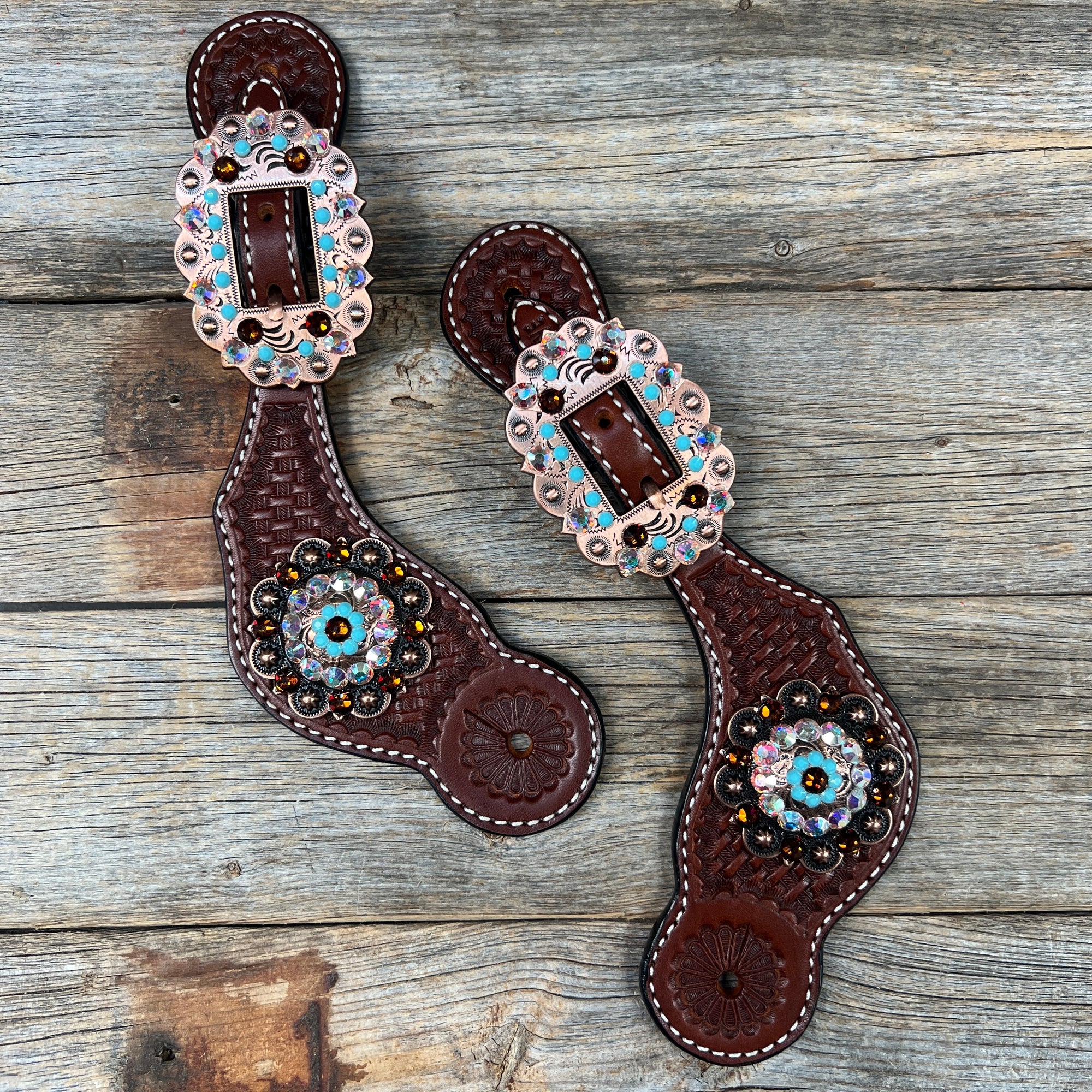 Basketweave Spur Straps - Copper Conchos 
