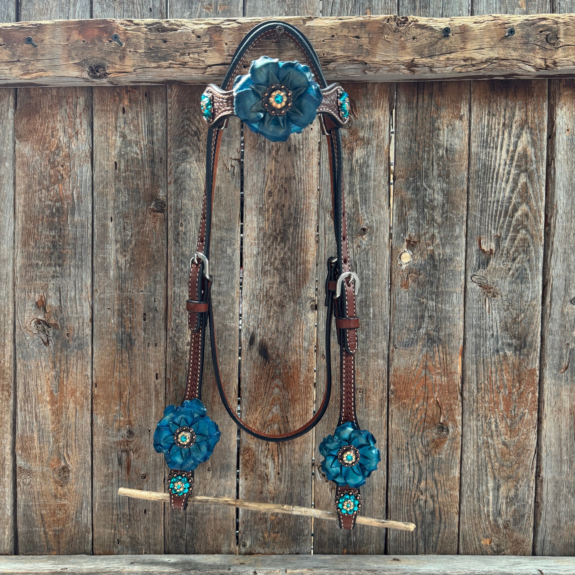 Medium Oil Basketweave Teal, Champagne Browband/One Ear Tack Set  