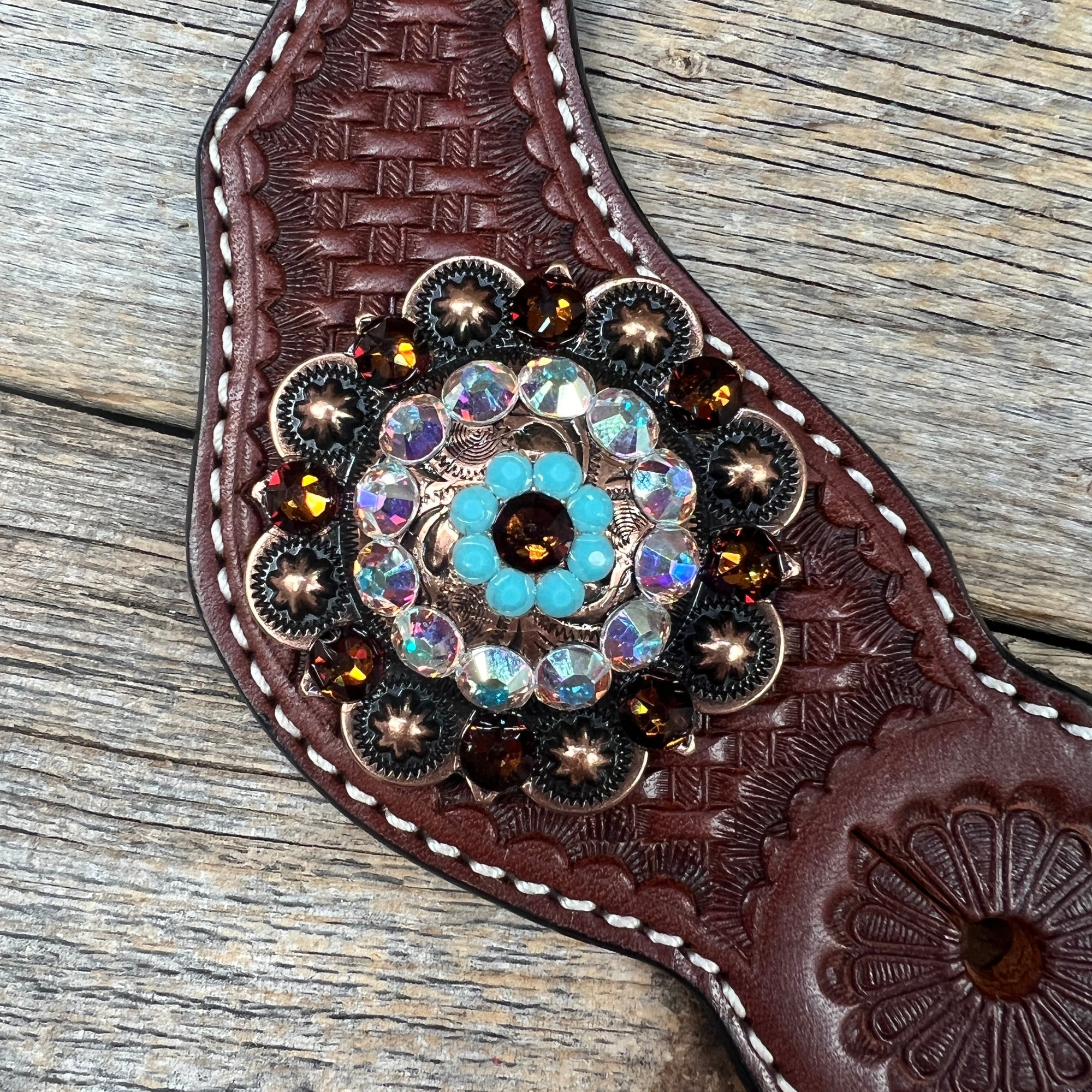 Basketweave Spur Straps - Copper Conchos 