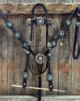 Dark Oil Basketweave Fuchsia, Clear, Emerald Browband/One Ear Tack Set  