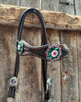 Dark Oil Basketweave Fuchsia, Clear, Emerald Browband/One Ear Tack Set  