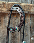 Dark Oil Basketweave Fuchsia, Clear, Emerald Browband/One Ear Tack Set  