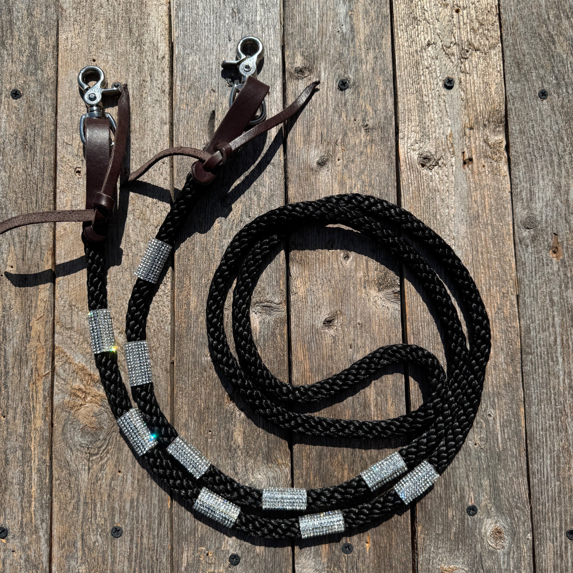 Thin Black Nylon Barrel Racing Reins with Rhinestones 