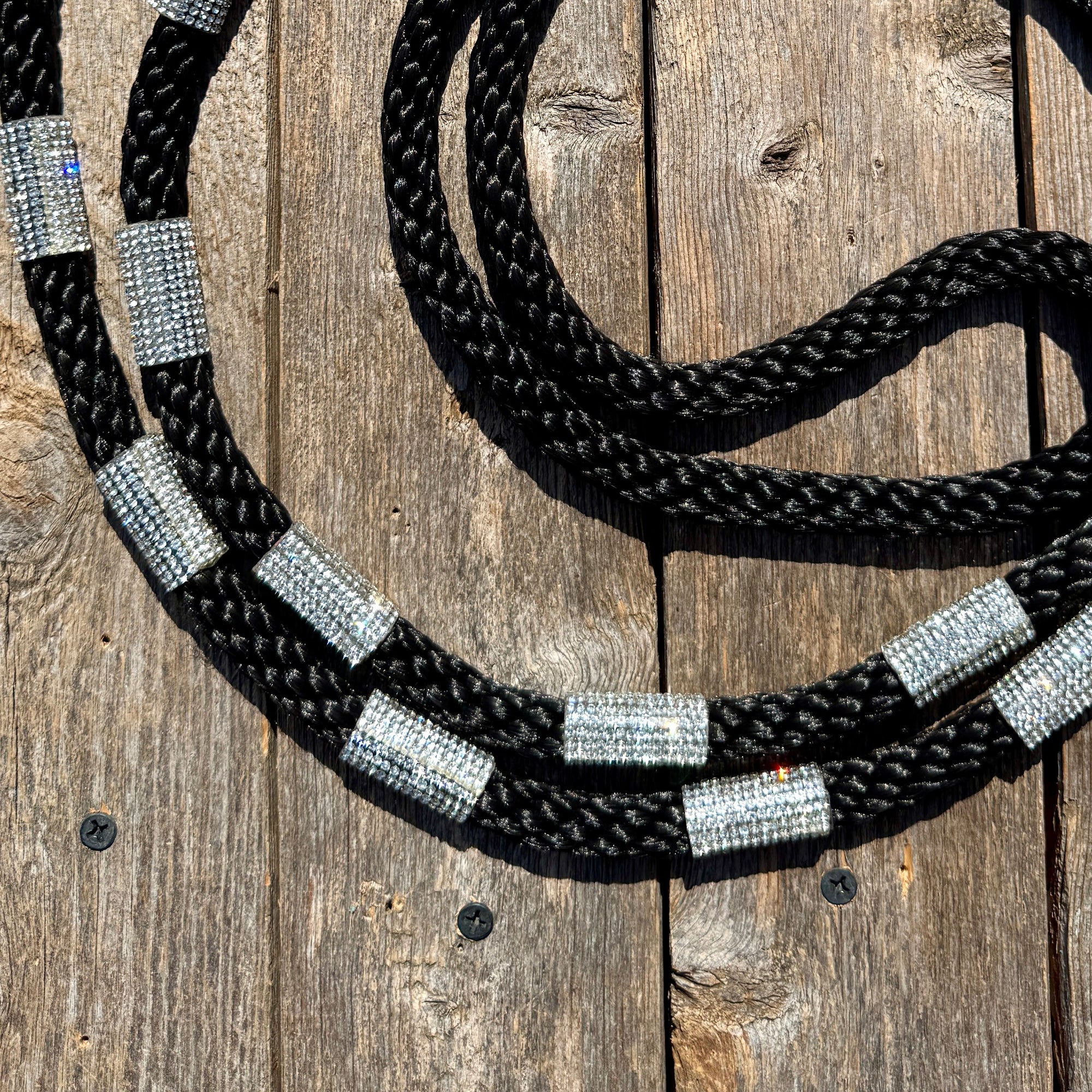 Thin Black Nylon Barrel Racing Reins with Rhinestones 