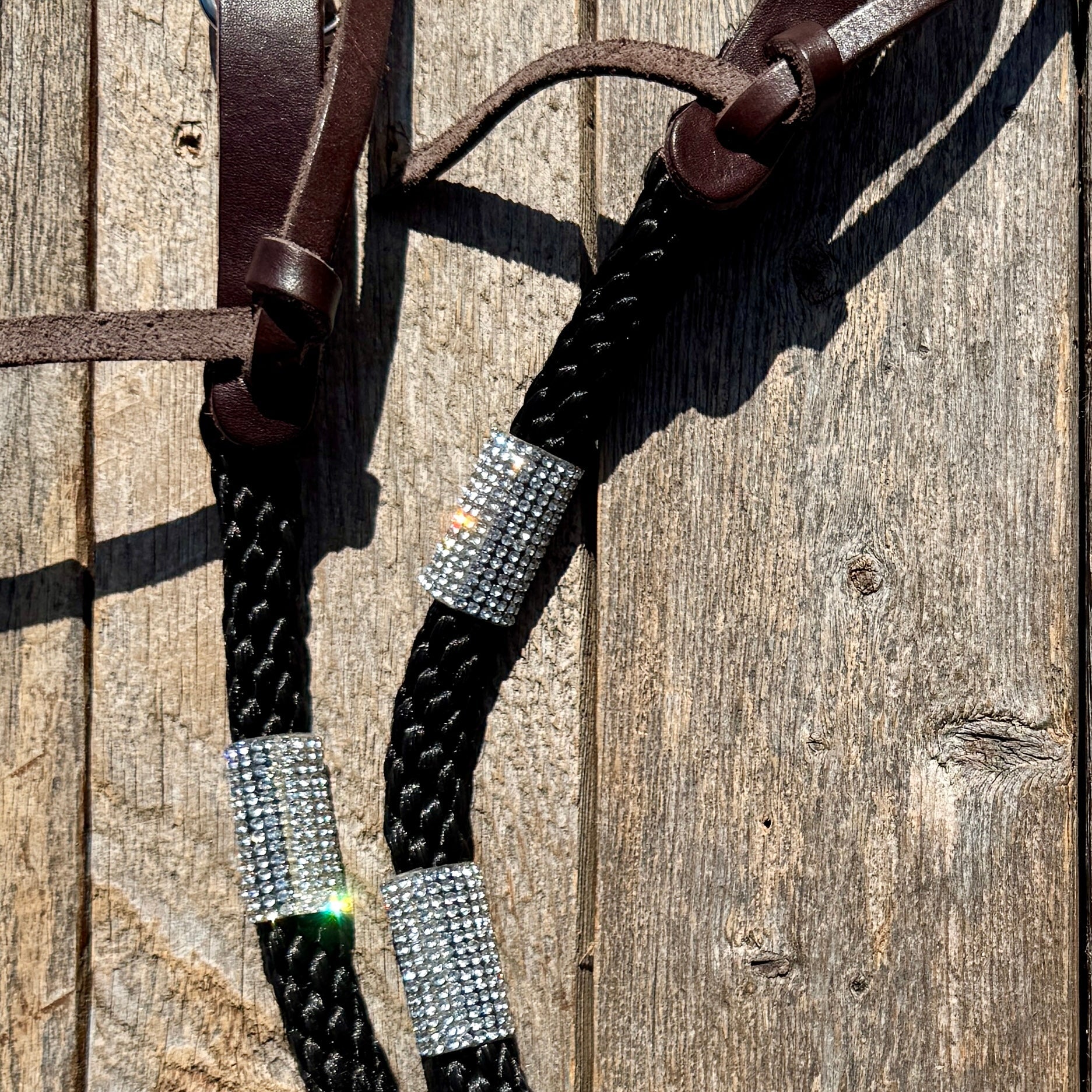 Thin Black Nylon Barrel Racing Reins with Rhinestones 