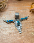 Sterling Silver Longhorn Pendant with Kingman Turquoise – Native Made by Leroy James (Navajo Artist)