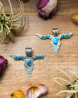 Sterling Silver Longhorn Pendant with Kingman Turquoise – Native Made by Leroy James (Navajo Artist)