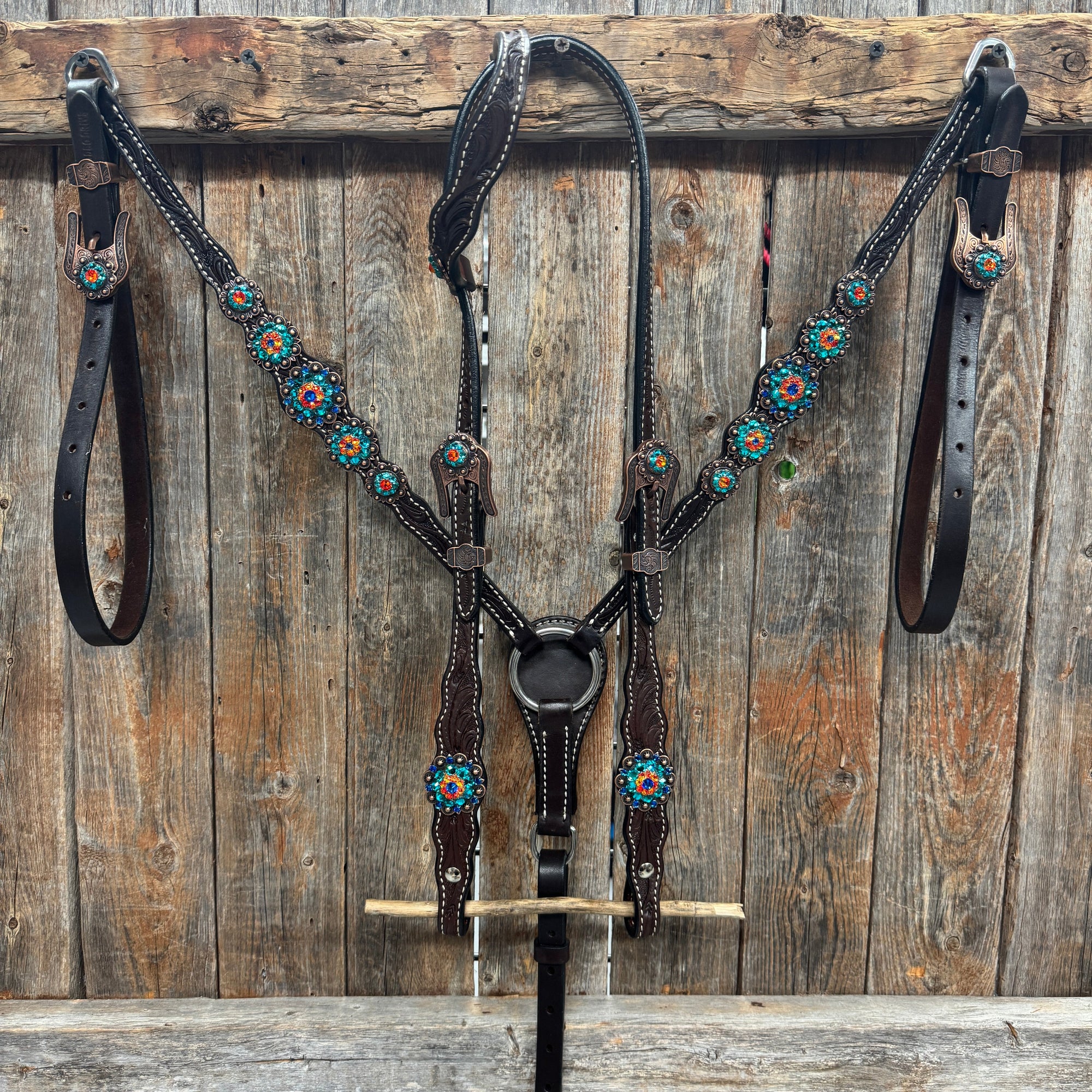 Dark Oil Floral Capri, Fire Opal, Teal Browband/One Ear Breastcollar Tack Set 
