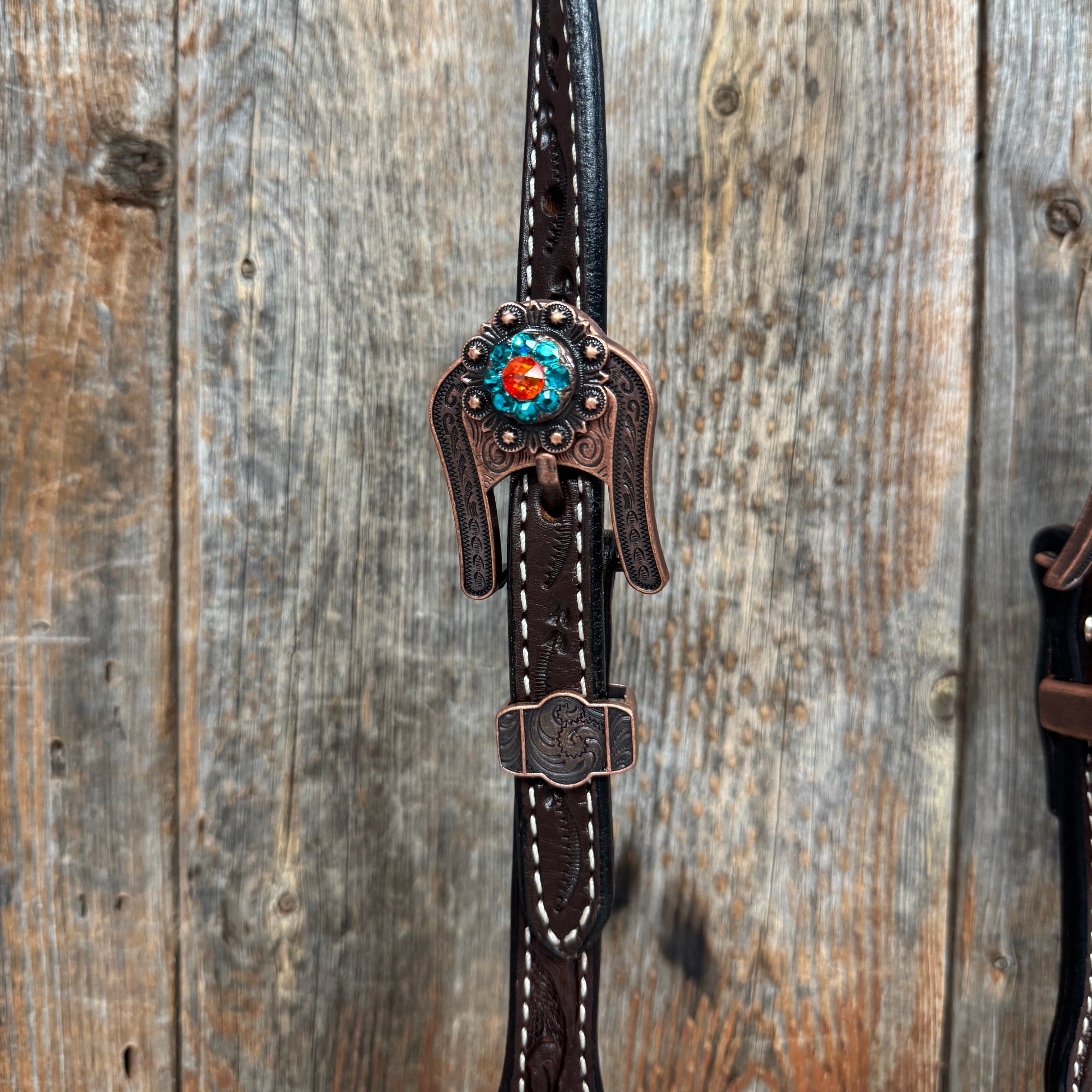 Dark Oil Floral Capri, Fire Opal, Teal Browband/One Ear Breastcollar Tack Set 