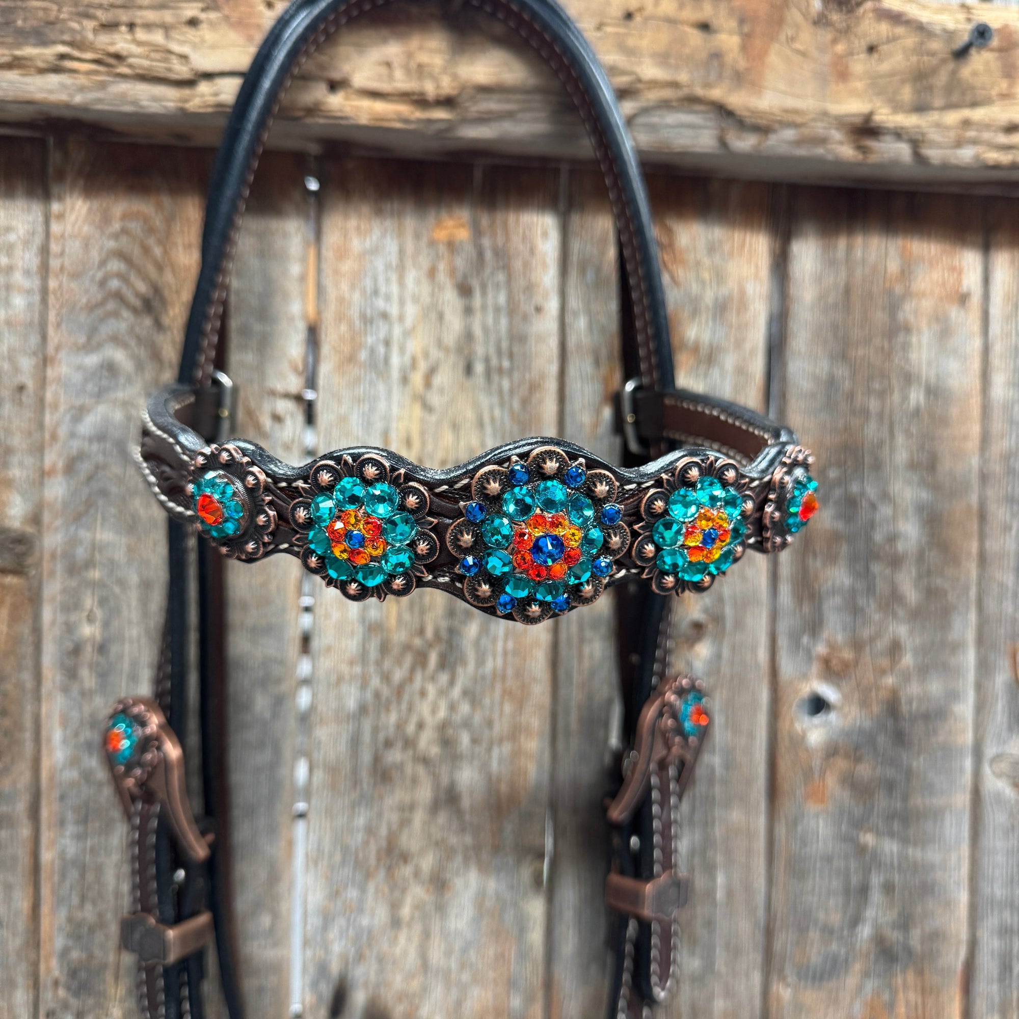 Dark Oil Floral Capri, Fire Opal, Teal Browband/One Ear Breastcollar Tack Set 