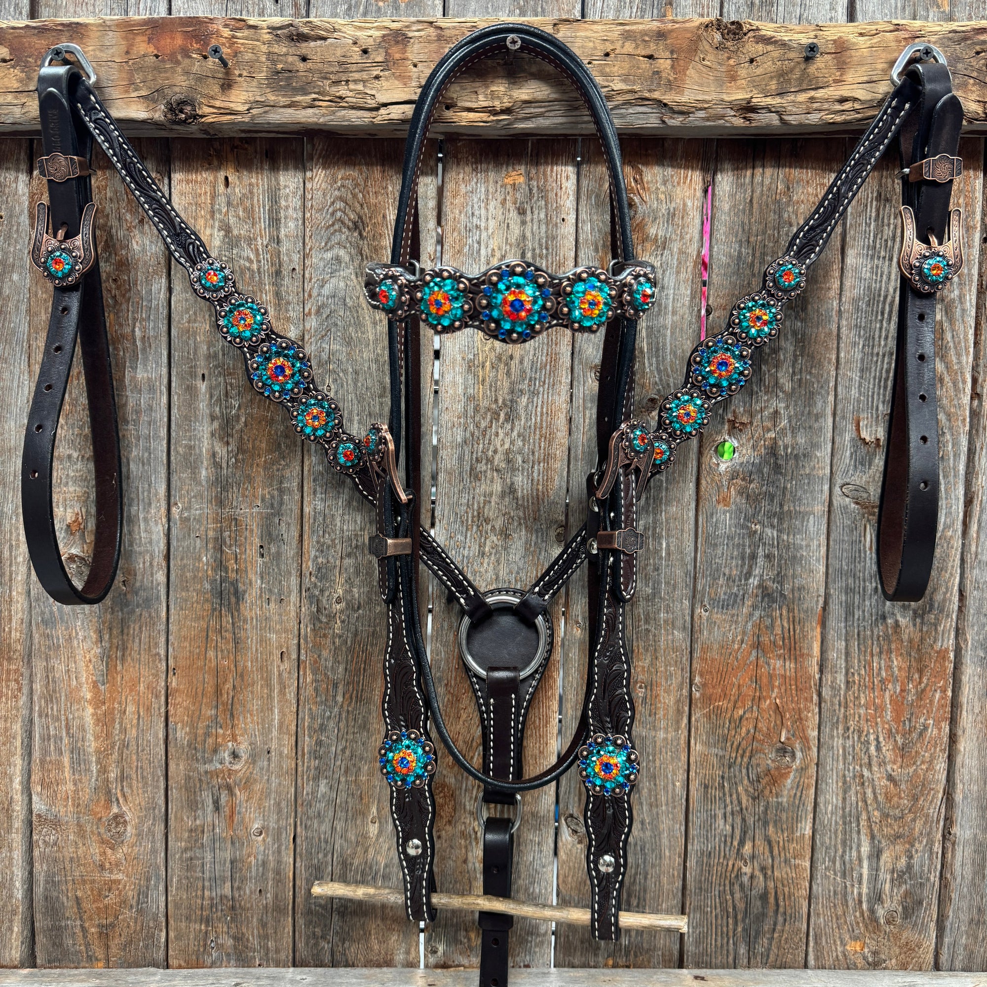 Dark Oil Floral Capri, Fire Opal, Teal Browband/One Ear Breastcollar Tack Set 