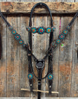 Dark Oil Floral Capri, Fire Opal, Teal Browband/One Ear Breastcollar Tack Set 