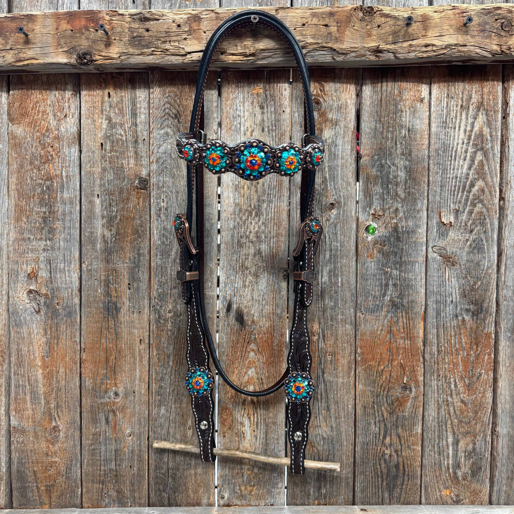 Dark Oil Floral Capri, Fire Opal, Teal Browband/One Ear Breastcollar Tack Set 