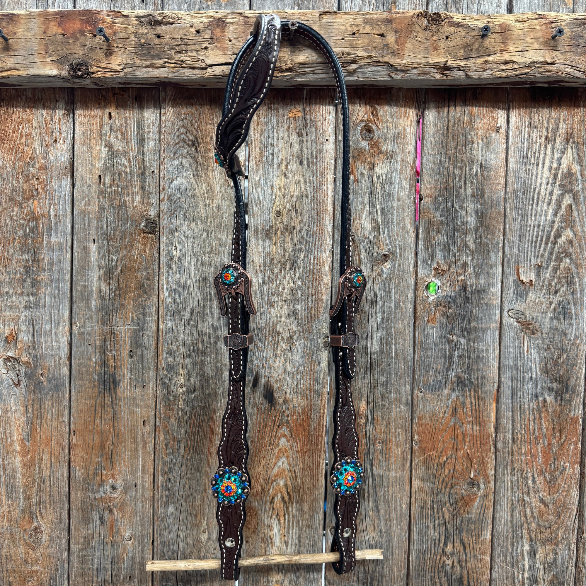Dark Oil Floral Capri, Fire Opal, Teal Browband/One Ear Breastcollar Tack Set 