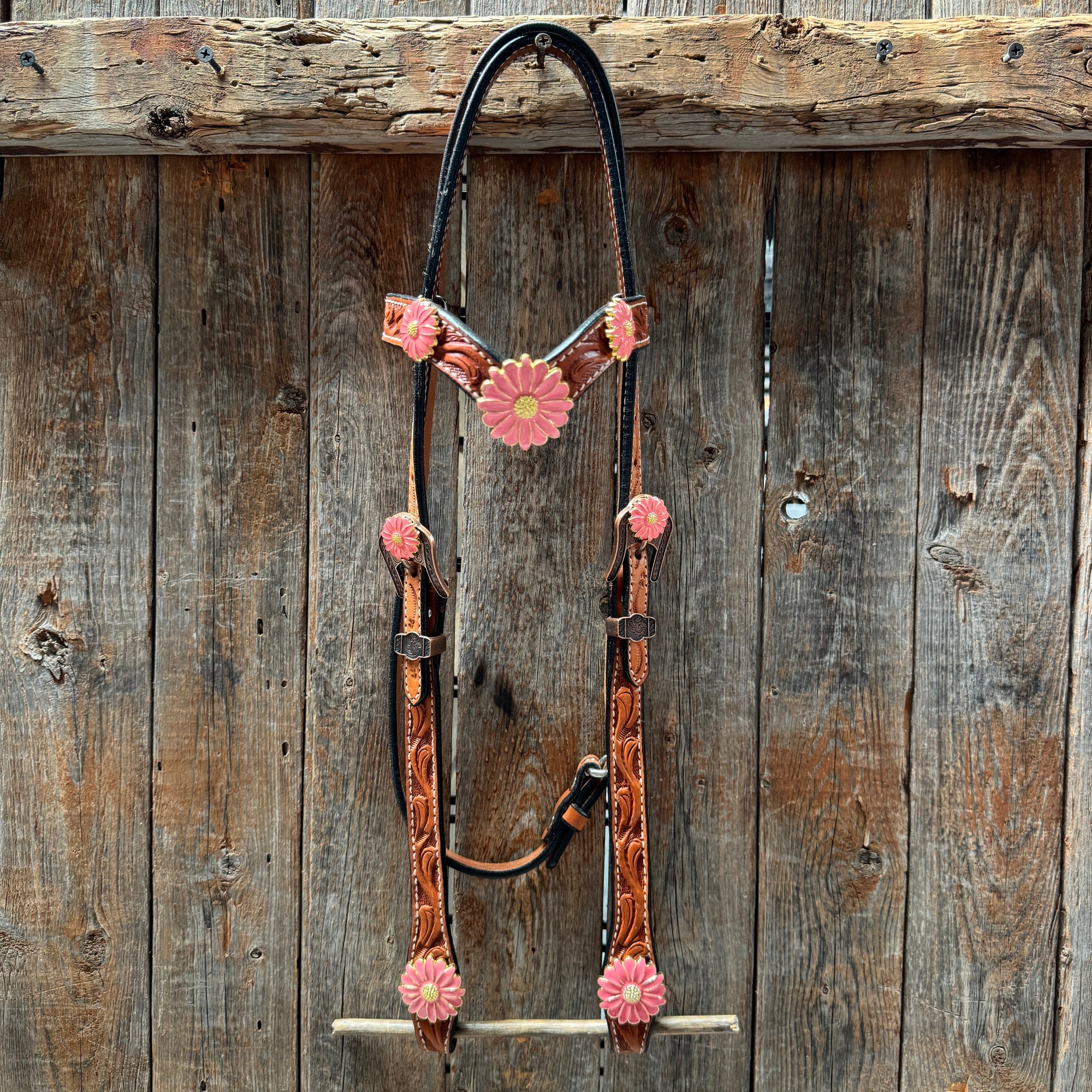 Light Oil V Brow Pink Flower Browband &amp; Breastcollar Tack Set 