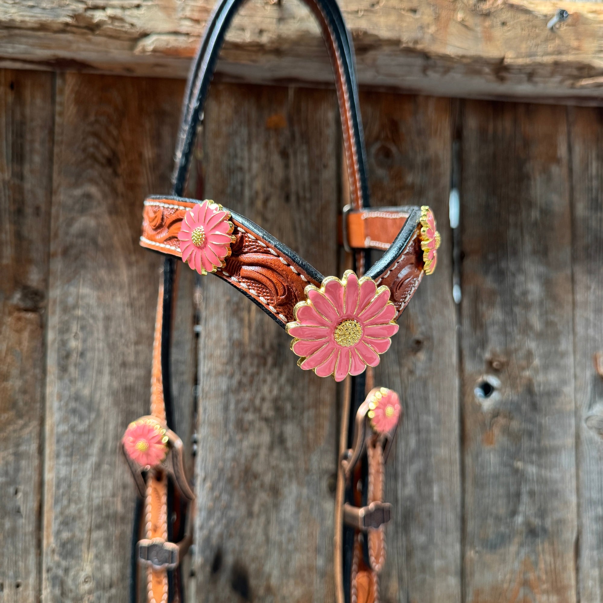 Light Oil V Brow Pink Flower Browband &amp; Breastcollar Tack Set 