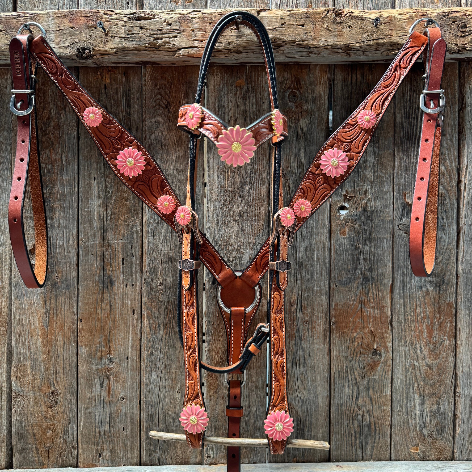 Light Oil V Brow Pink Flower Browband &amp; Breastcollar Tack Set 