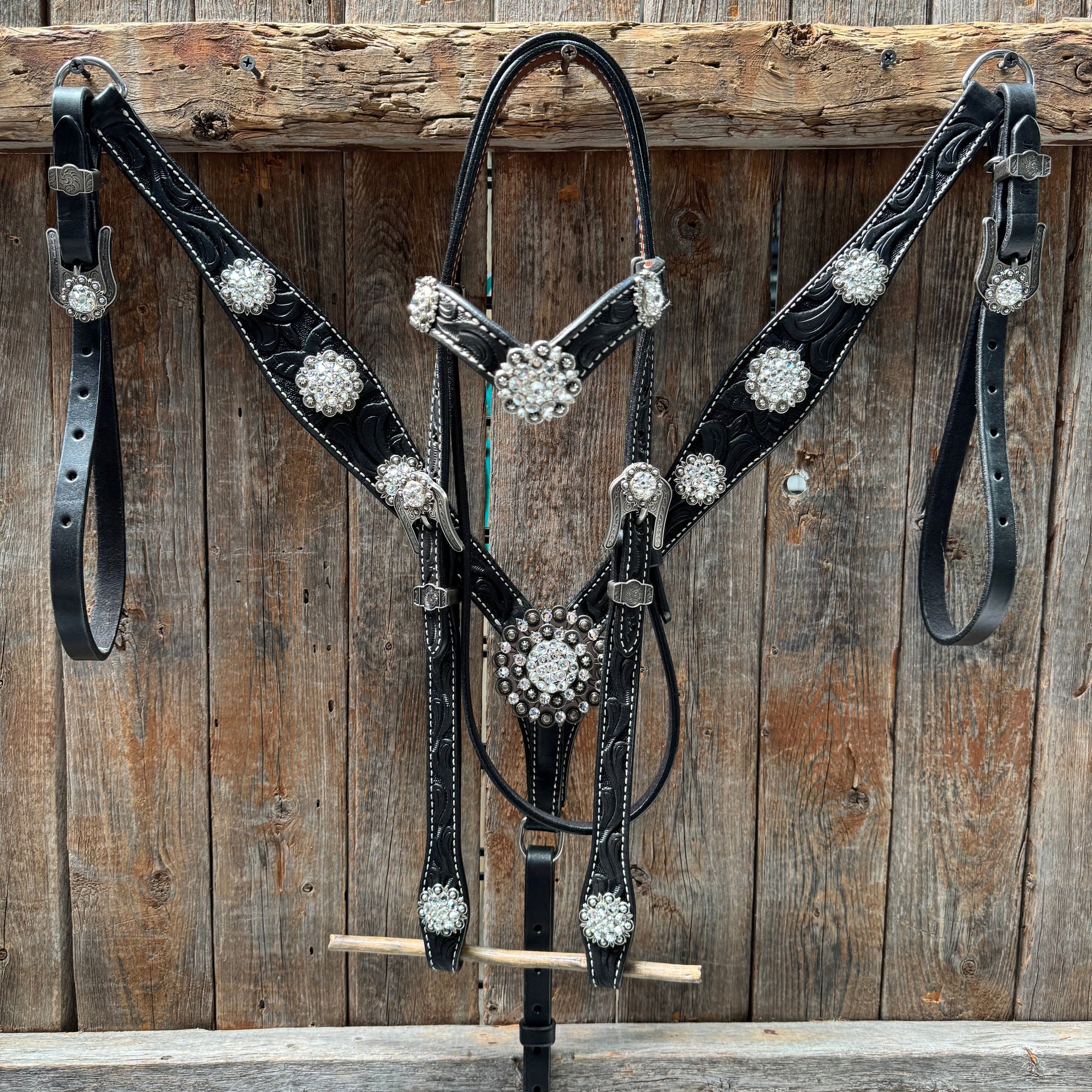 Black Oil V Brow Clear Browband &amp; Breastcollar Tack Set 