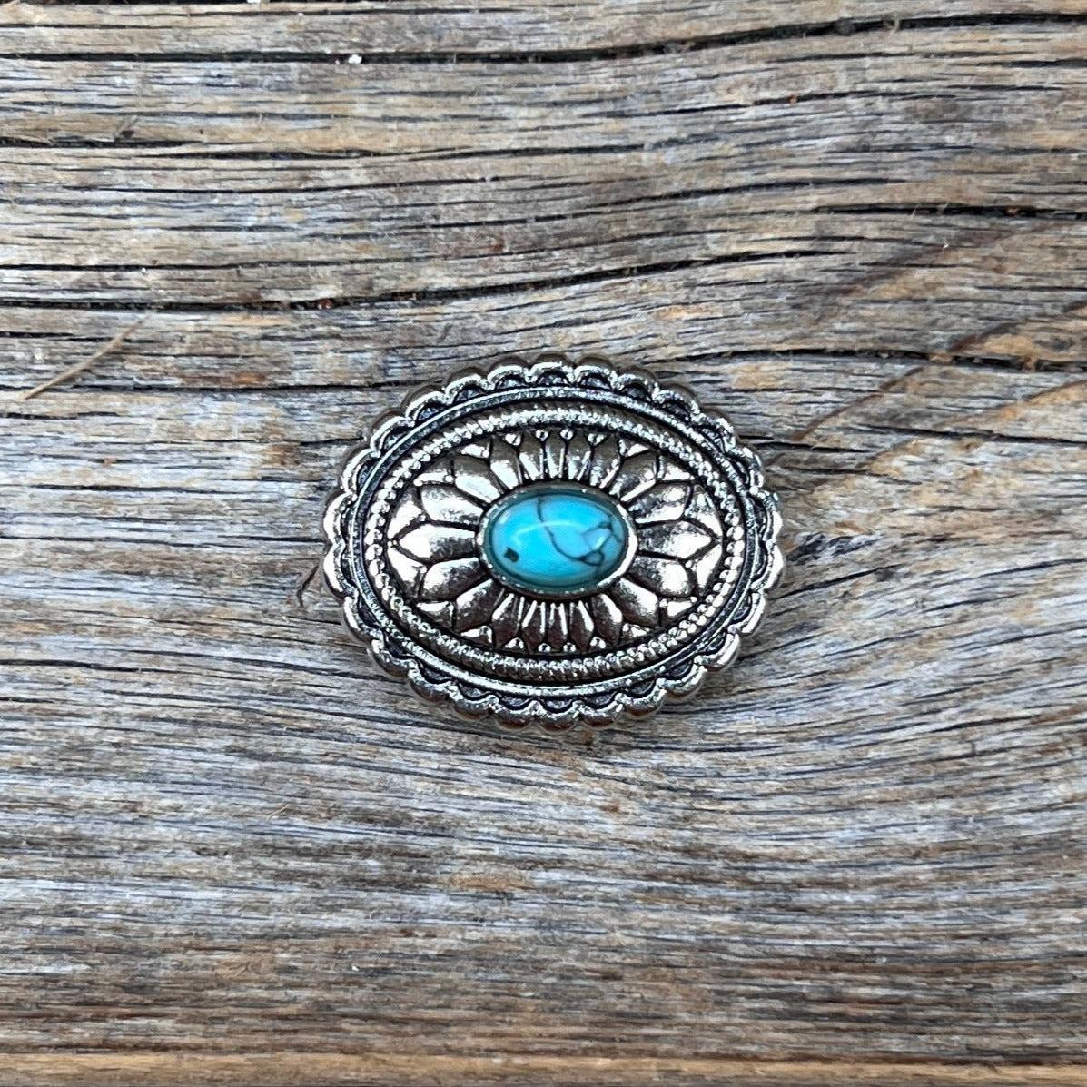 Antique Silver Oval Floral Turquoise Concho 1" W237S