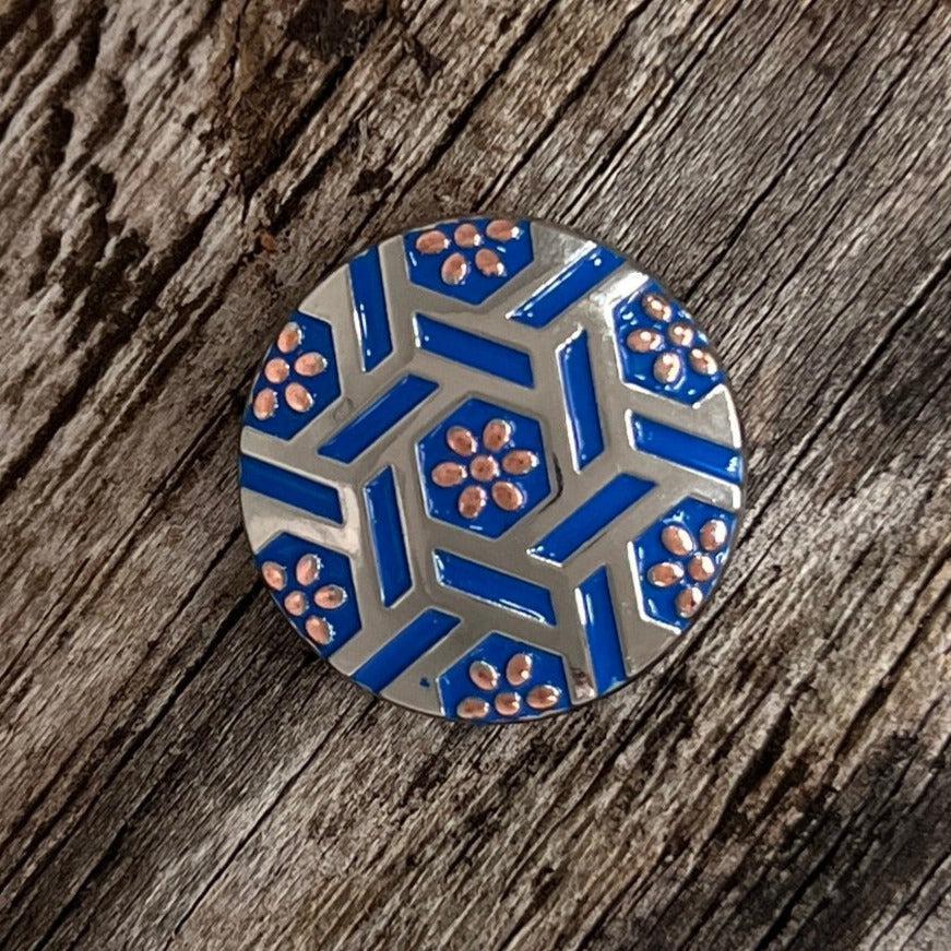 Antique Silver Blue Geometric Concho 1" W236S