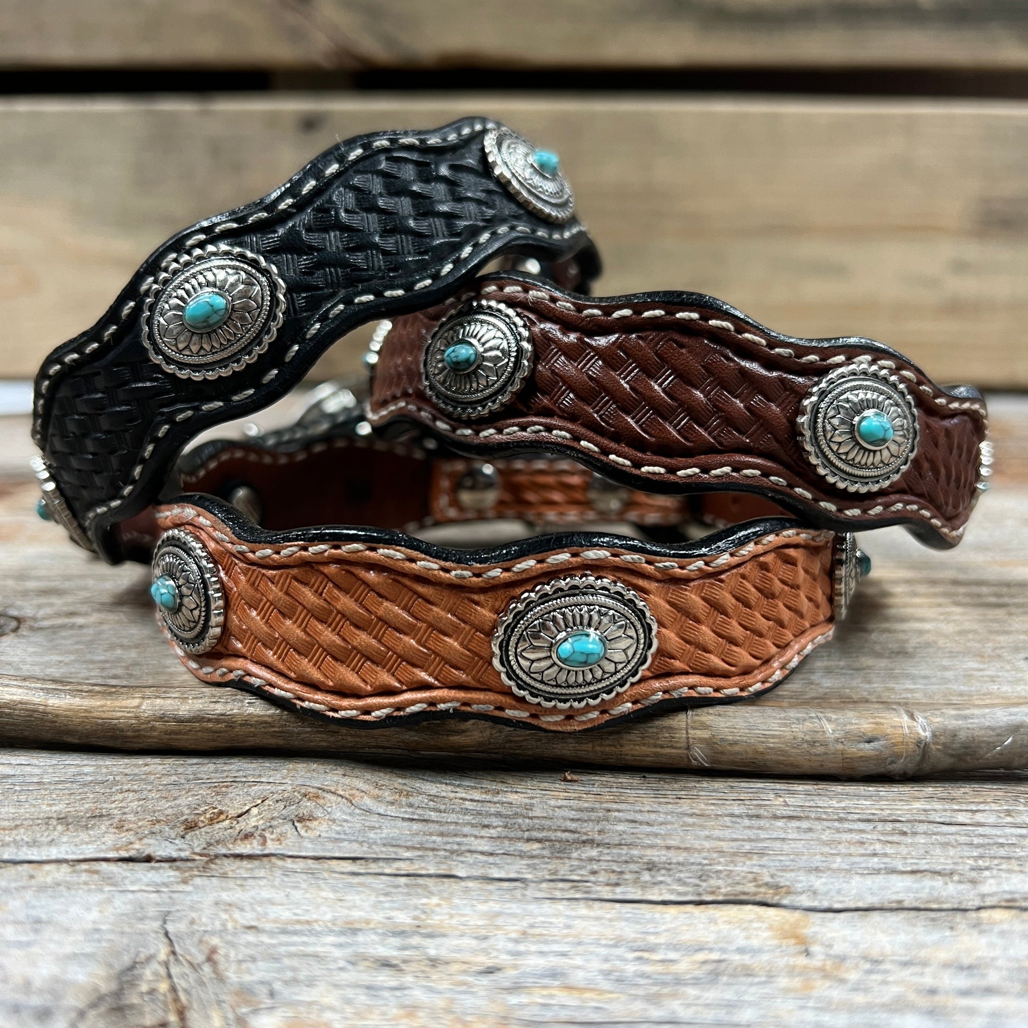 Leather Dog Collar With Antique Silver Oval Conchos 10" to 22" W237S -DC66