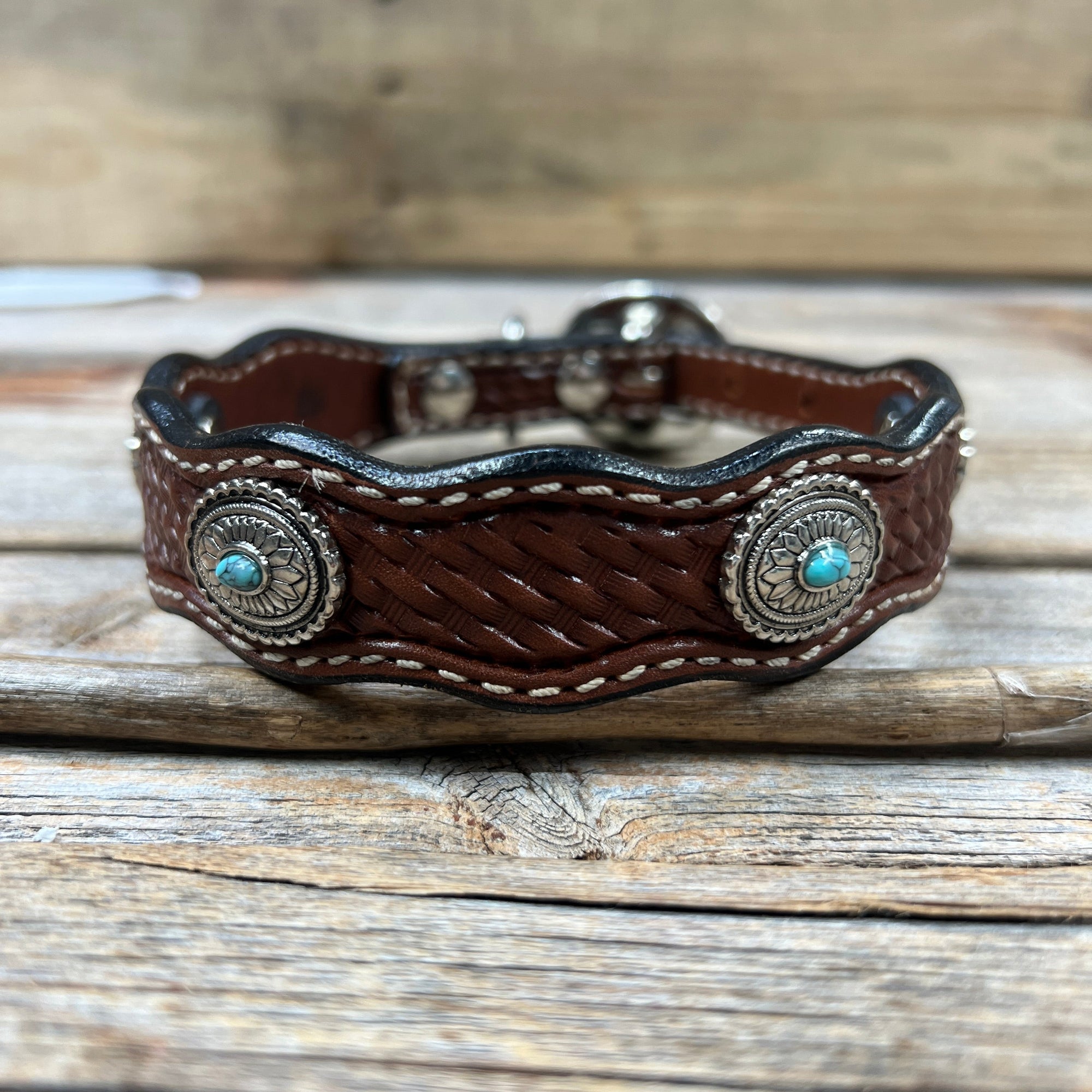 Leather Dog Collar With Antique Silver Oval Conchos 10" to 22" W237S -DC66