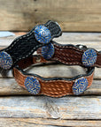 Leather Dog Collar With Blue Geometric Conchos 10" to 22" W236S -DC67