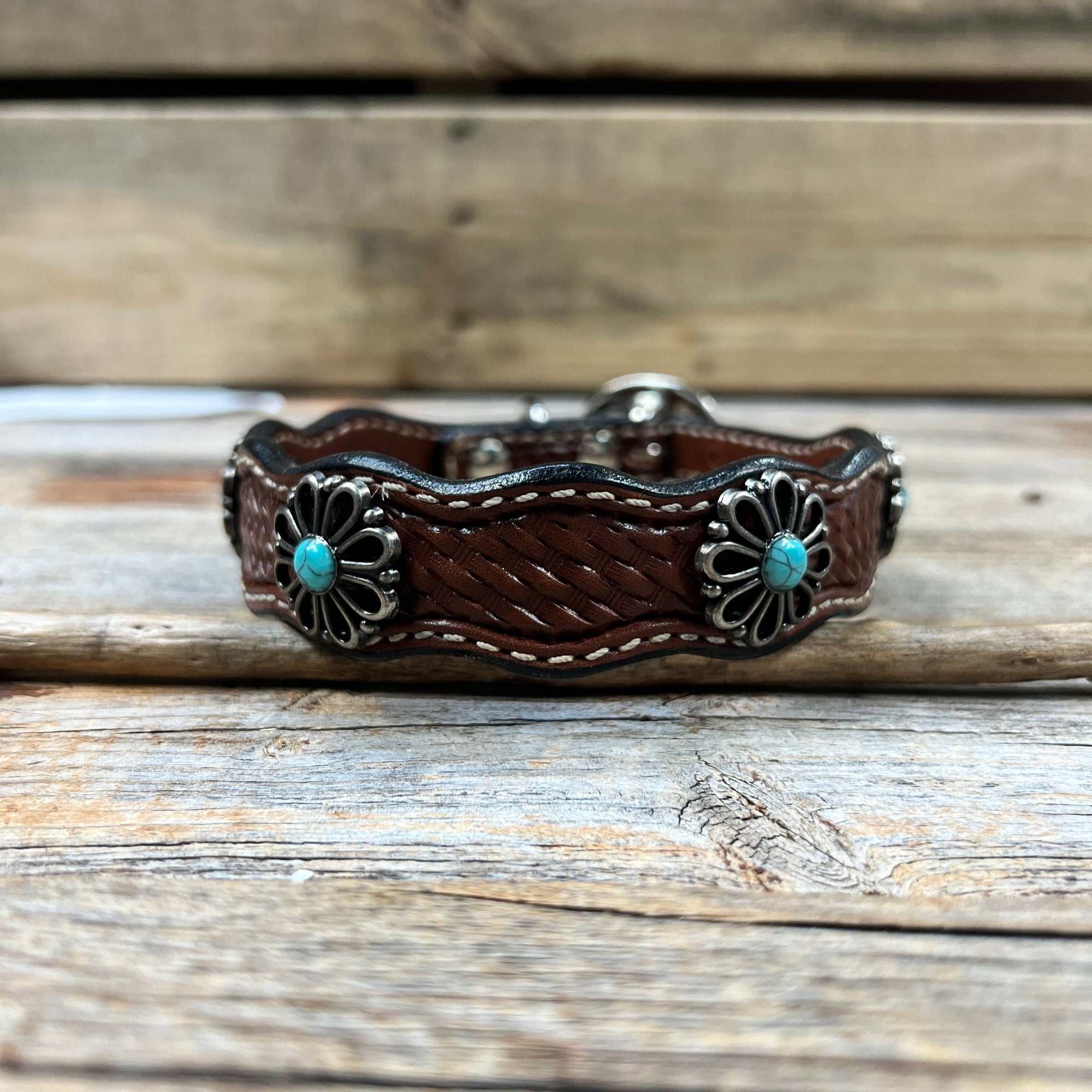 Leather Dog Collar With Turquoise Flower Conchos 10" to 22" W231S -DC69