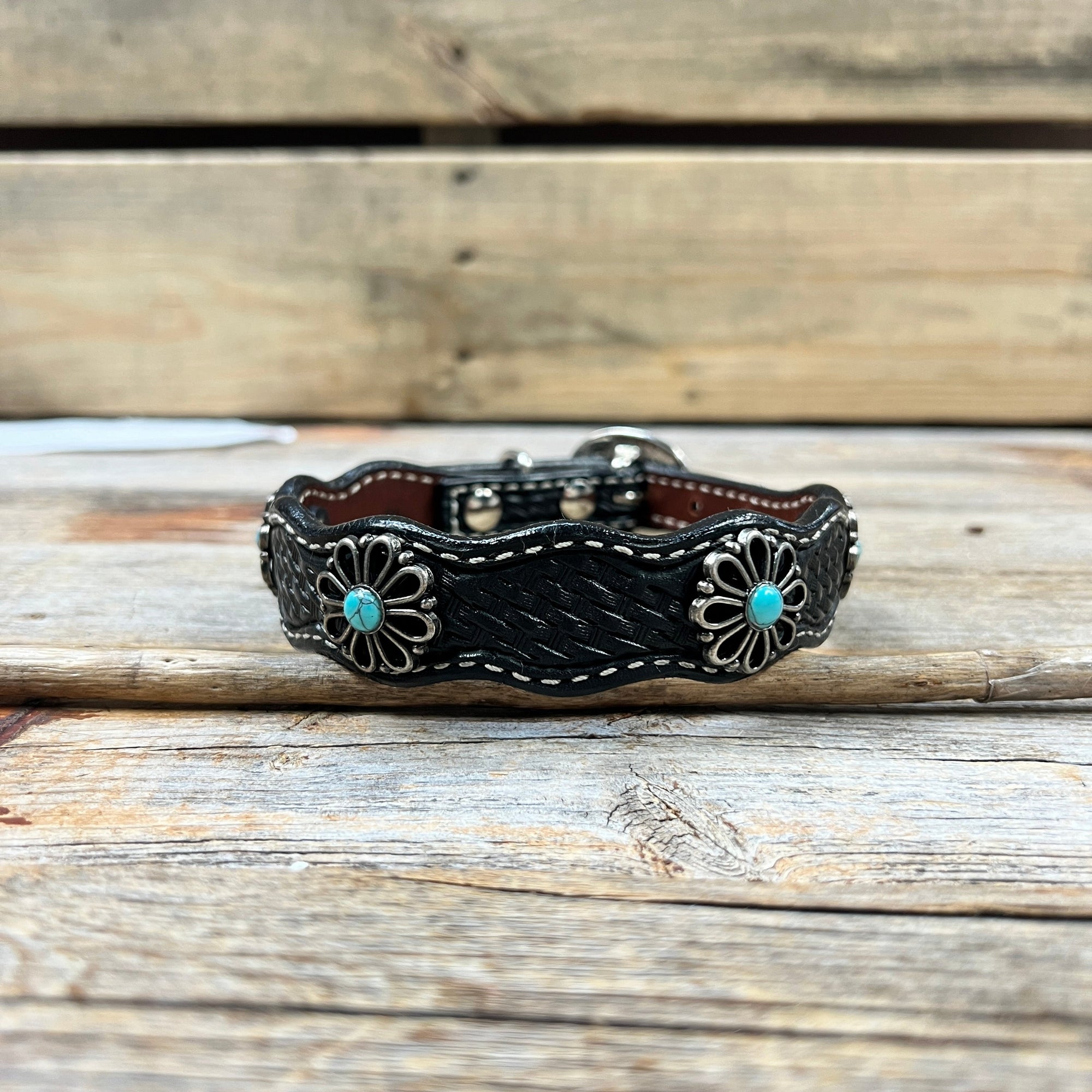 Leather Dog Collar With Turquoise Flower Conchos 10" to 22" W231S -DC69