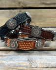 Leather Dog Collar With Flower and Dot Conchos 10" to 22" W230S -DC70
