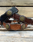 Leather Dog Collar With Yellow Daisy Conchos 10" to 22" W229S -DC71