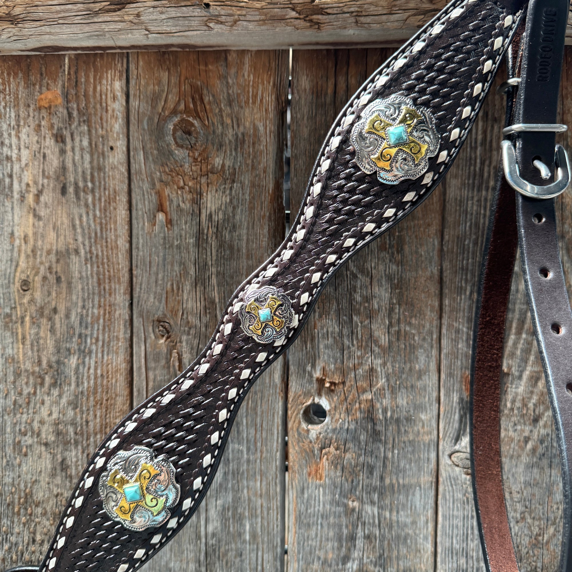 Dark Oil Buckstitch Gold Cross Browband/One Ear and Breastcollar Tack Set 