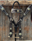 Dark Oil Buckstitch Gold Cross Browband/One Ear and Breastcollar Tack Set 