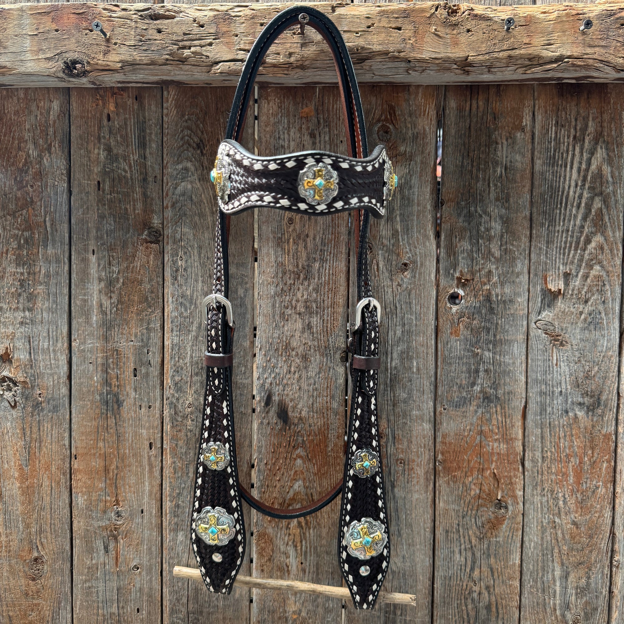Dark Oil Buckstitch Gold Cross Browband/One Ear and Breastcollar Tack Set 