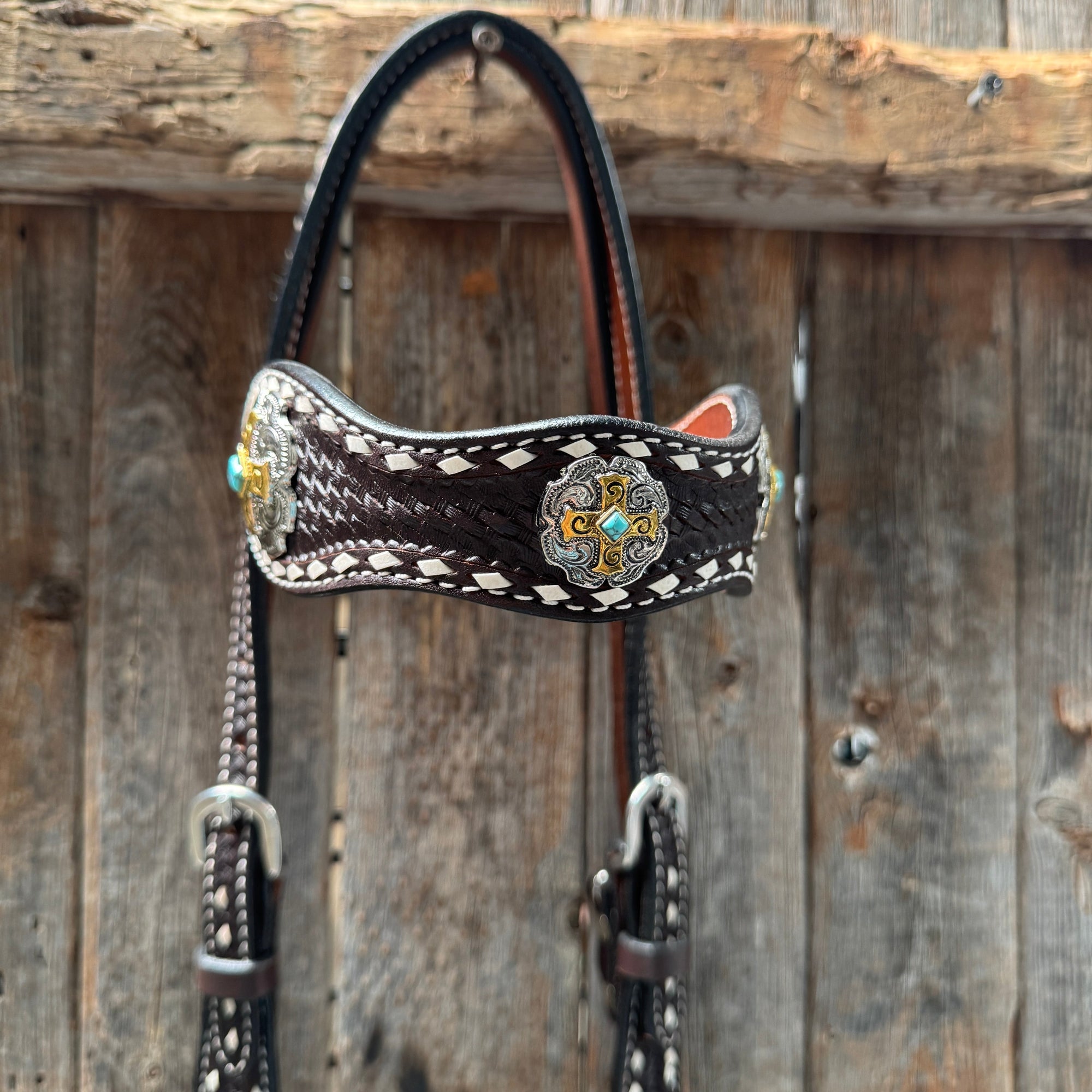 Dark Oil Buckstitch Gold Cross Browband/One Ear and Breastcollar Tack Set 