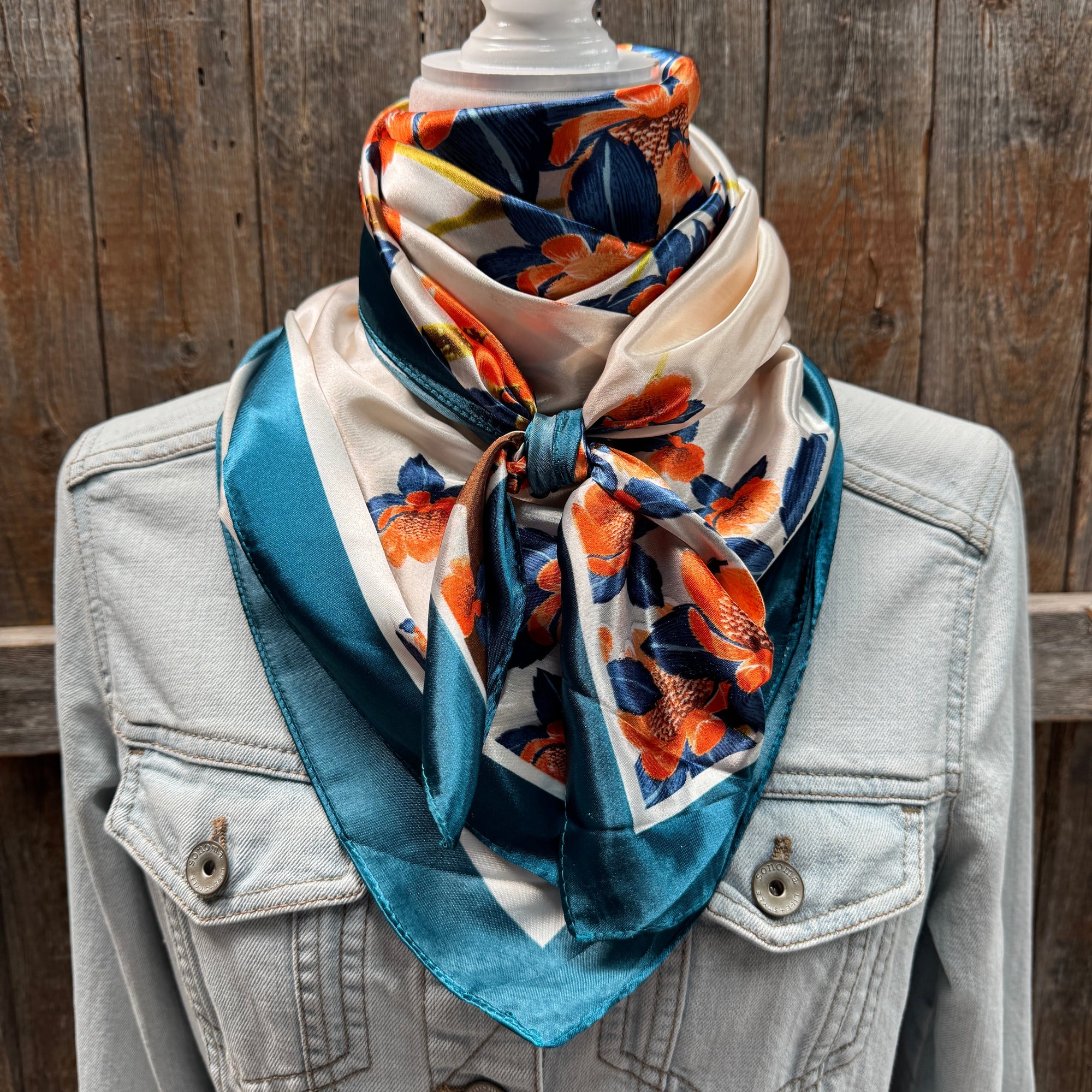 35X35" White and Teal Floral Wild Rag / Scarf WR3441
