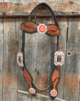 Two Tone Leaf Neon Orange Browband/One Ear Headstall & Breastcollar Tack Set 
