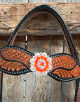 Two Tone Leaf Neon Orange Browband/One Ear Headstall & Breastcollar Tack Set 